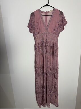 Embroidered V-Neck Maxi Dress in Dusty Rose